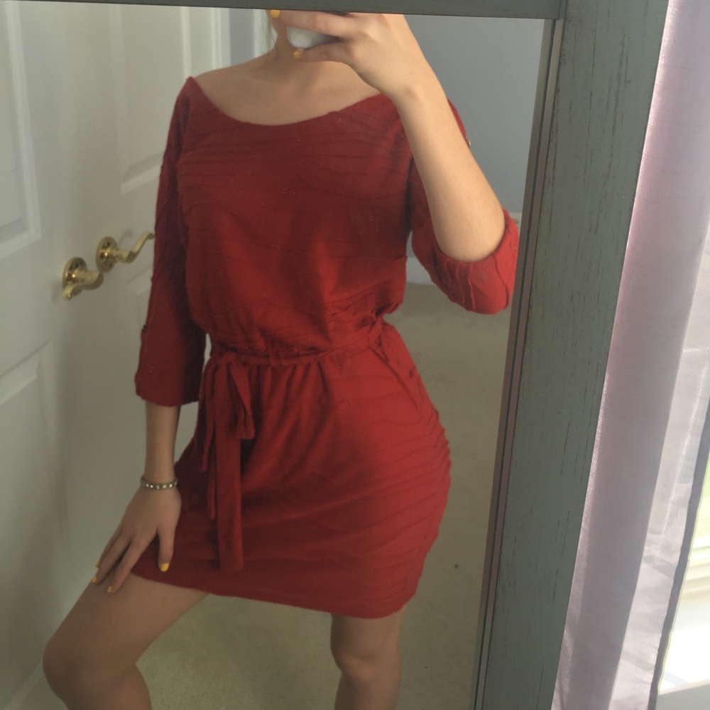 Rust colored dress with tie belt